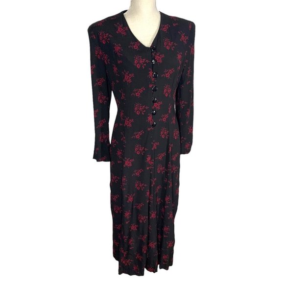 Vintage 90s Black Red Long Sleeve Button Up High Slit Long Top Large - Picture 1 of 10